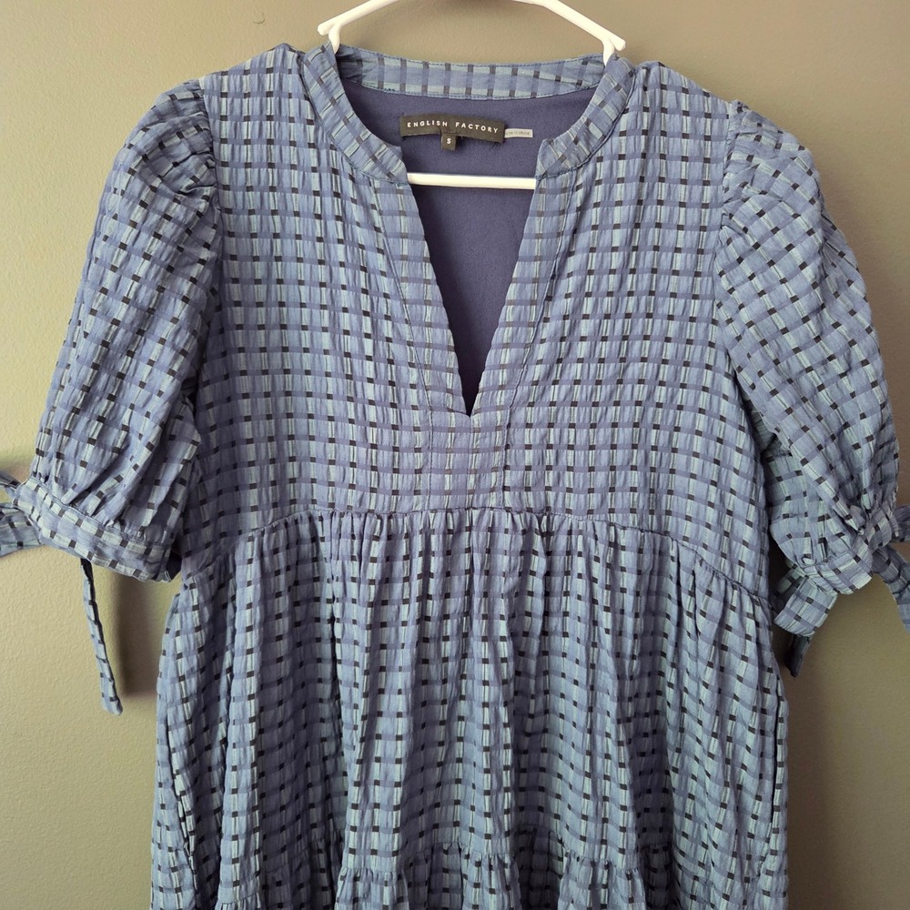 English Factory Blue Plaid Tiered Midi Dress Puff Sleeve Tie V-Neck Small - Picture 2 of 8